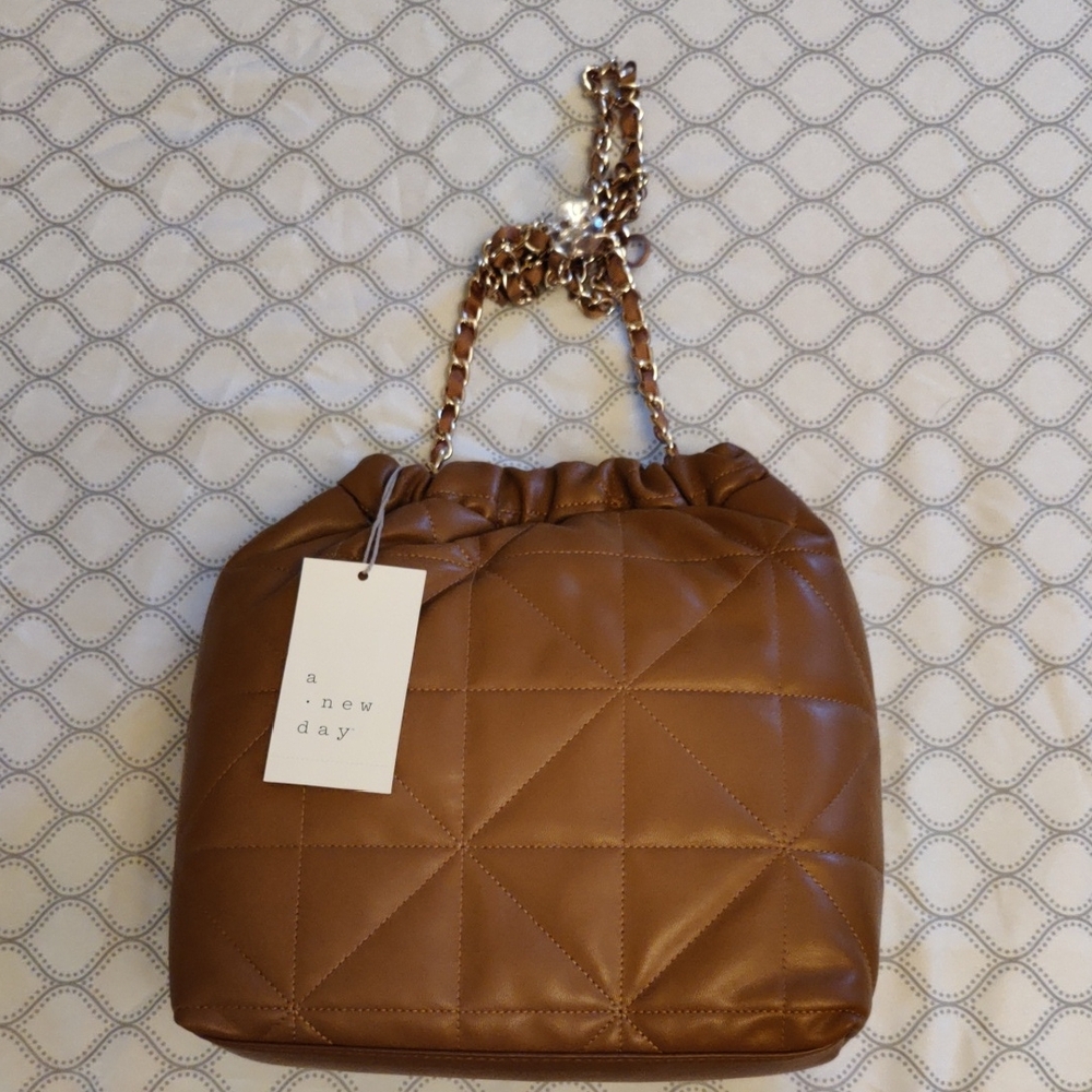 NIP A New Day Brown & Gold Quilted Shoulder/Crossbody Scrunch Top Bag-Cambodia
